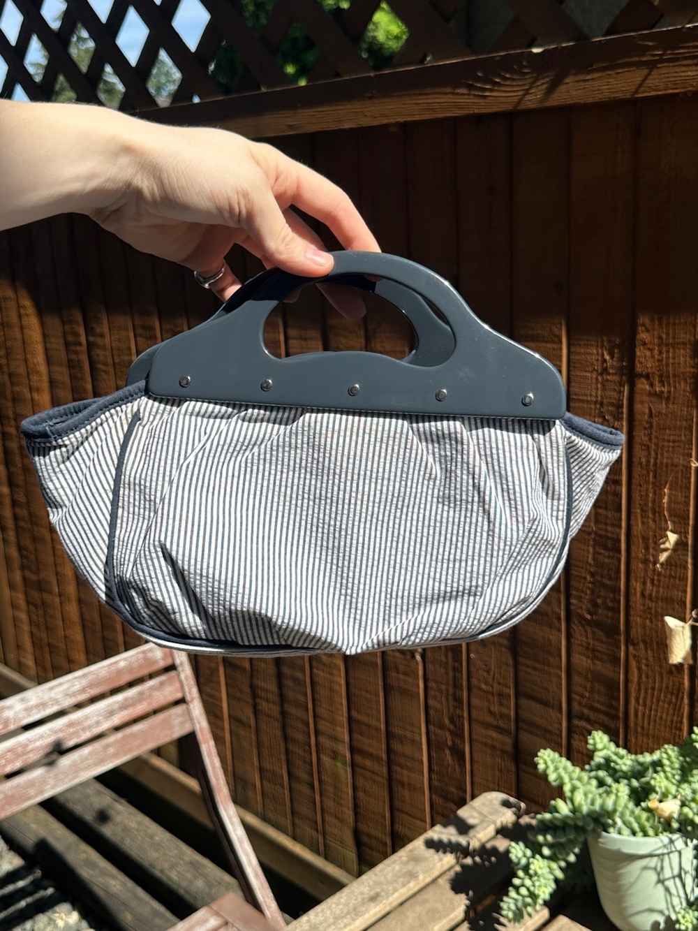 LOFT Gray Pinstripe Clutch with Dark Gray Handles